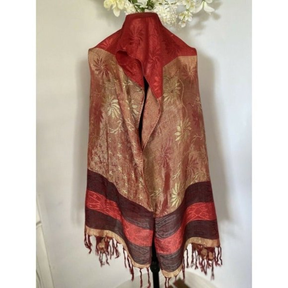 Vintage Shiny Scarf Shawl with Fringe Woman's Red Gold Rectangular Scarf 60"X24" - Picture 2 of 10